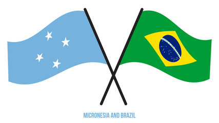 Micronesia and Brazil Flags Crossed And Waving Flat Style. Official Proportion. Correct Colors