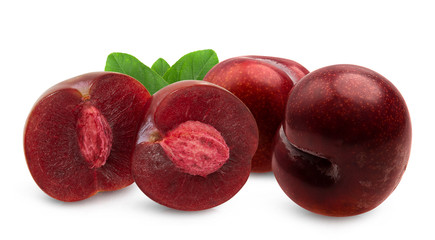red cherry plum with green leaves isolated on white background