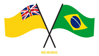 Niue and Brazil Flags Crossed And Waving Flat Style. Official Proportion. Correct Colors