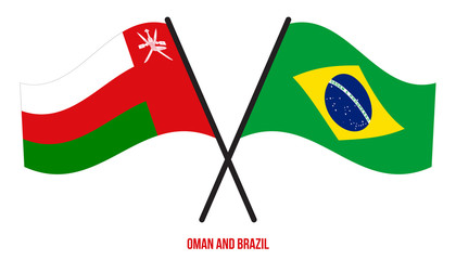 Oman and Brazil Flags Crossed And Waving Flat Style. Official Proportion. Correct Colors