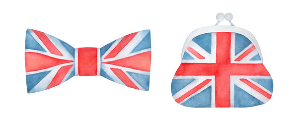 Bowtie and coin purse, decorated with British Union Jack pattern. Male and female symbols. Hand painted watercolour graphic drawing on white background, isolated elements for design, banner, poster.