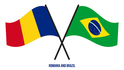 Romania and Brazil Flags Crossed And Waving Flat Style. Official Proportion. Correct Colors
