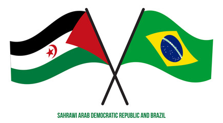 Sahrawi and Brazil Flags Crossed And Waving Flat Style. Official Proportion. Correct Colors