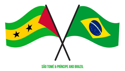 Sao Tome and Brazil Flags Crossed And Waving Flat Style. Official Proportion. Correct Colors