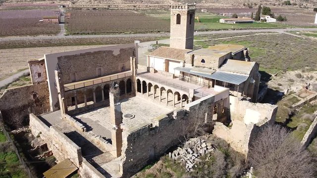 Aerial view of ruins of medieval monastery of Our Lady of Angels of Avinganya, Seros, Catalonia, Spain