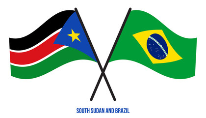 South Sudan and Brazil Flags Crossed And Waving Flat Style. Official Proportion. Correct Colors