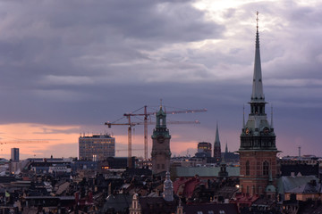 Fototapeta na wymiar 夕焼け。北欧、ストックホルム、教会のある風景。Aerial sun set view of Stockholm Sweden