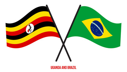 Uganda and Brazil Flags Crossed And Waving Flat Style. Official Proportion. Correct Colors