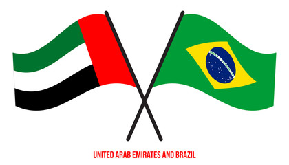 United Arab Emirates and Brazil Flags Crossed And Waving Flat Style. Official Proportion