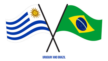Uruguay and Brazil Flags Crossed And Waving Flat Style. Official Proportion. Correct Colors