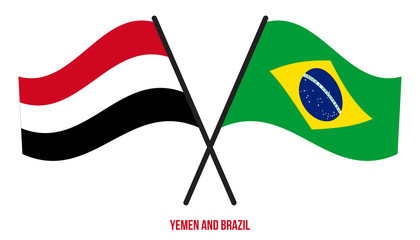 Yemen and Brazil Flags Crossed And Waving Flat Style. Official Proportion. Correct Colors