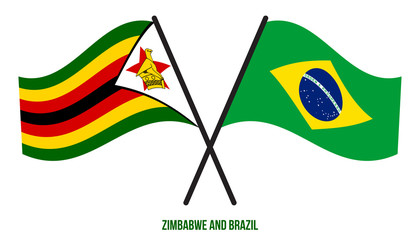 Zimbabwe and Brazil Flags Crossed And Waving Flat Style. Official Proportion. Correct Colors
