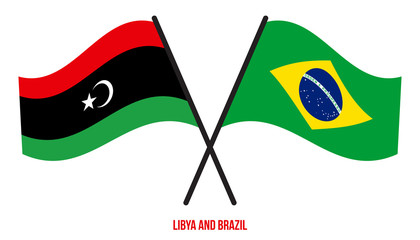 Libya and Brazil Flags Crossed And Waving Flat Style. Official Proportion. Correct Colors