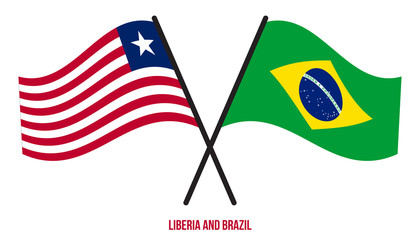 Liberia and Brazil Flags Crossed And Waving Flat Style. Official Proportion. Correct Colors