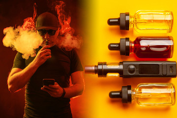 The concept of floating on a yellow background. A man in black glasses smokes an electronic...