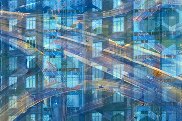 The concept of movement in blue tones. Blurred highways and houses. Background on the theme of life in a big city. Construction. Change.