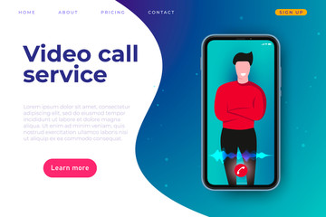 video call online service web page header template. man on the smartphone screen and call end button