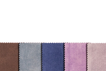 Fototapeta premium Cutout samples of velor furniture fabric isolated on white background in macro. Structural fabric for upholstery in various shades. Textile industry of various colors.