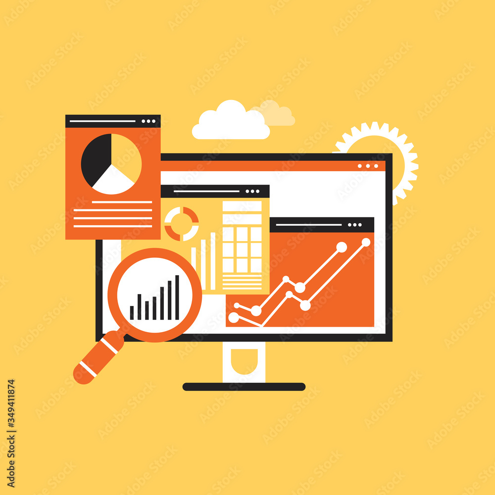 Poster business analytics and monitoring investment and finance report graph on monitor concept