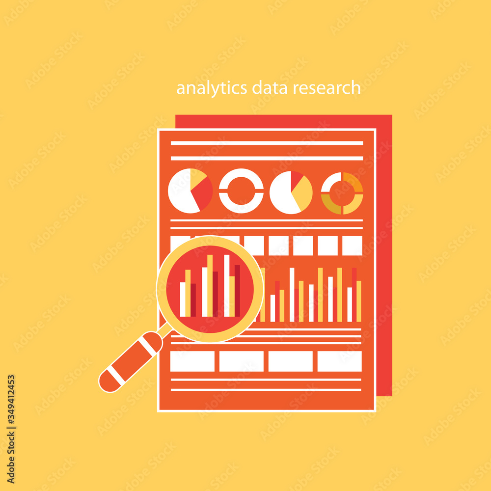 Poster analytics data research icon analysis on paper sheet magnifier
