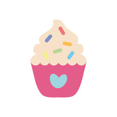 sweet cupcake with heart icon, flat style