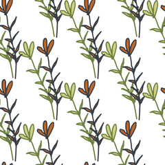 Cute little flowers seamless pattern in doodle style. Hand drawn outline floral wallpaper. Design for fabric, textile print, wrapping paper, cover. Modern vector illustration.