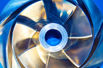 Metal propeller close-up. Metalworking. Industrial production of aluminum parts. Turning of metal products. Production of aluminum parts. Products of a Metalworking company.