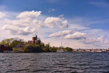 北欧、ストックホルム、港町の風景。Beautiful aerial view of Stockholm old town from sea, Sweden