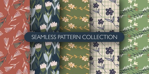 Set of small flowers seamless pattern in vintage style. Abstrct floral wallpaper collections. Design for fabric, textile print, wrapping paper, cover, packing. Modern fashion vector illustration