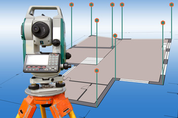 Surveyors station next to floor plan. Breakdown geodetic axes for building. Prismatic reflectors are located at corners.  Surveying with total station before construction