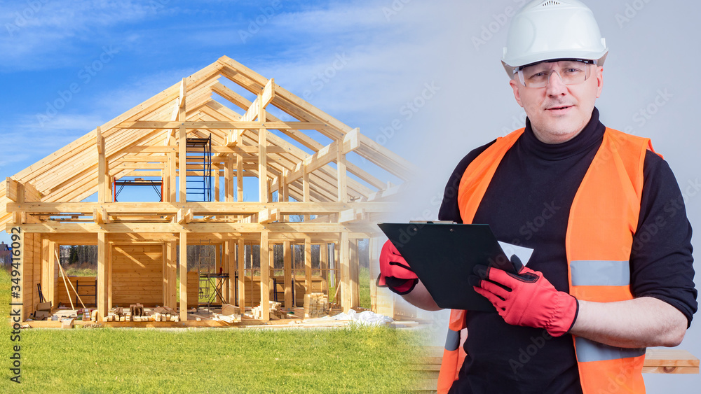 Aufkleber building. frame house is not yet completed. builder smiles and looks in building. builder next to an