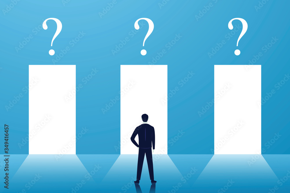 Wall mural business choice or decision concept, businessman confuse and thinking hard to choose the right door