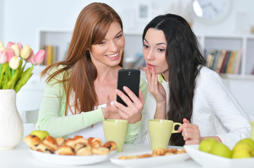 Obraz na płótnie Canvas Two female friends with modern smartphone posing at home