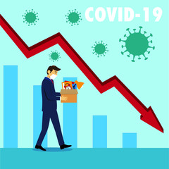 Coronavirus economy crisis vector concept: Sad office worker just lost his job walking with head down over declining business charts background