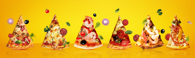 Pizza slices tasty  set tomato salami ham Delicious cheese oregano olives food mass restaurant 3d realistic basil onion