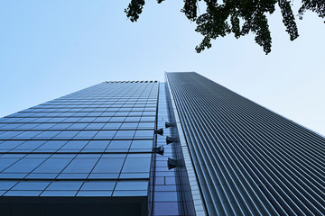 Obraz premium Low Angle View of Glass Office Tower, Modern Architecture Perspective