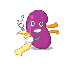 Kidney mascot character style with a menu on his hand