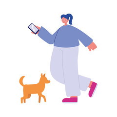 people activities, young woman walking with dog and smartphone