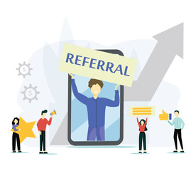 Smartphone and user vector, phone with line of people walking into screen. Referral system, refer friend, making money recommending new group flat style. .