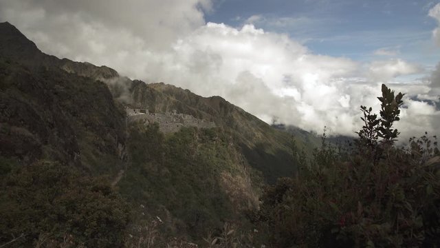 WS mountains and stone structure on Inca trail to Machu Picchu