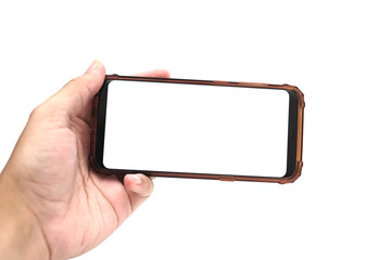 Hand with blank smart phone on landscape mode for mock up