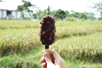 One chocolate peanut ice cream with hand in stick