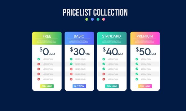 Vector Pricing Plan Banners Infographic Template. Marketing Presentation Slide. Business Labels Concept Infographics. 3, 4 Options, Parts, Steps, Processes.