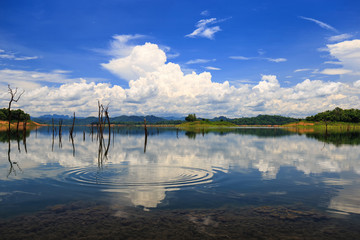 Reservoir and lake in sunny day with clouds and blue sky background, For use agriculture and industry