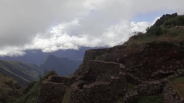 Tilt. Stone structure on Inca trail to Machu Picchu. Cusco, Peru