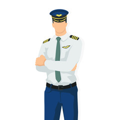 Airplane pilot in modern style vector illustration, man simple flat shadow isolated on white background, captain.