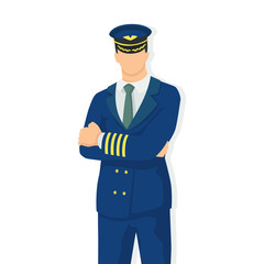 Airplane pilot in modern style vector illustration, man simple flat shadow isolated on white background, captain.