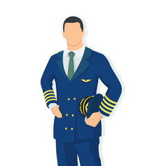 Airplane pilot in modern style vector illustration, man simple flat shadow isolated on white background, captain.