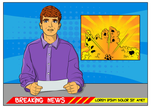 Pop Art Anchorman, Breaking News, Reporting Of An Explosion, Attack Or Accident - Comic Book Style, Cartoon Vector