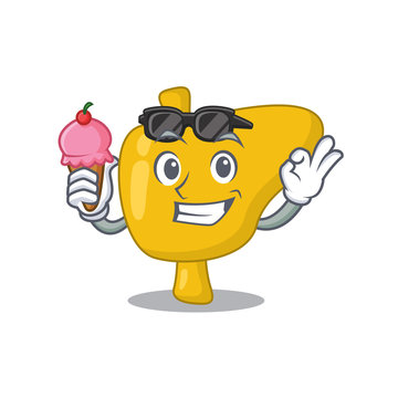 A cartoon drawing of liver holding cone ice cream